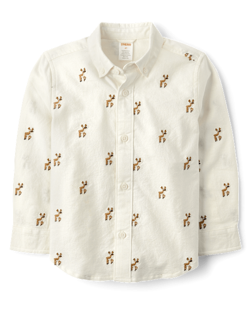 Boys Schiffli Reindeer Oxford Button Up Shirt - Holiday Express