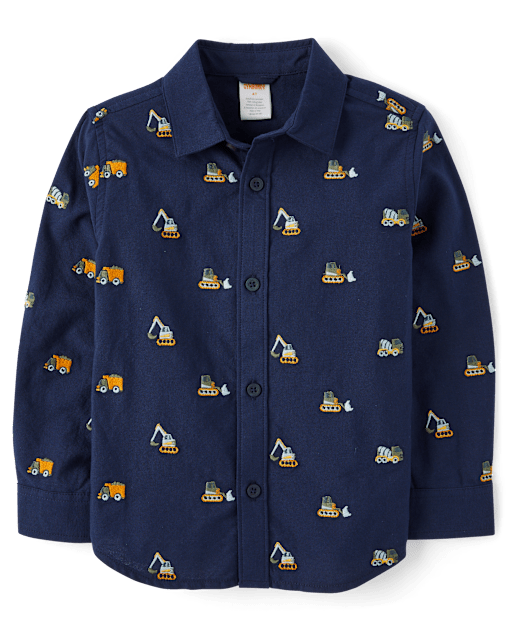 Boys Schiffli Truck Oxford Button Up Shirt - Dino Friends