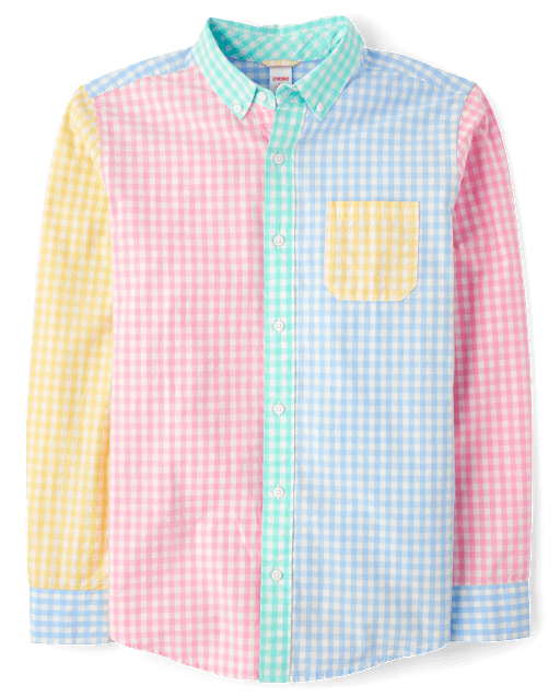 Mens Dad And Me Gingham Colorblock Poplin Button Up Shirt - Garden Party