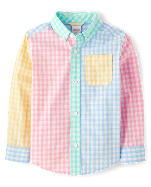 Boys Dad And Me Gingham Colorblock Poplin Button Up Shirt - Garden Party