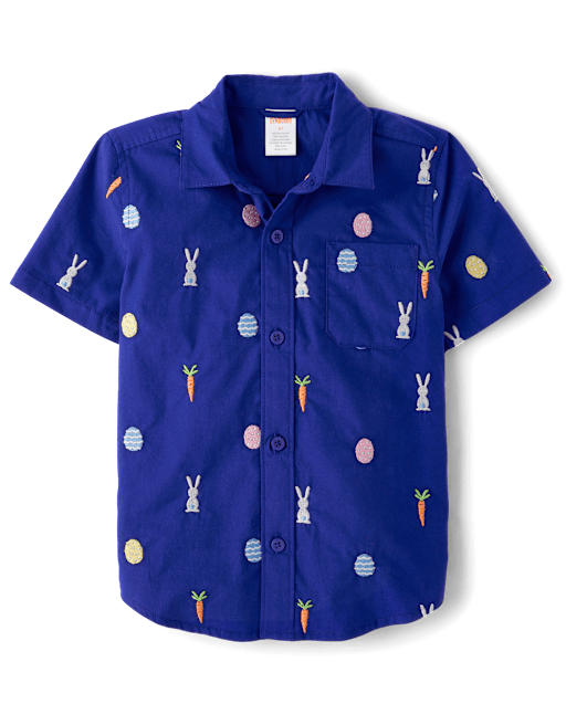 Boys Schiffli Bunny Poplin Button Up Shirt - Blue Belle