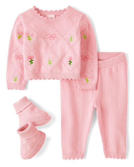 Baby Girls Embroidered Sweater 3-Piece Outfit Set