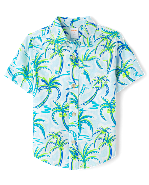 Boys Palm Tree Linen-Blend Button Up Shirt - Swim