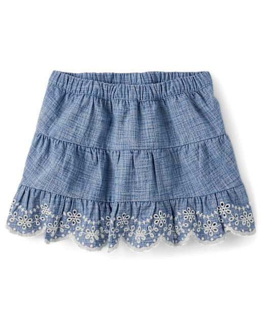 Girls Eyelet Chambray Tiered Skort - Blue Belle