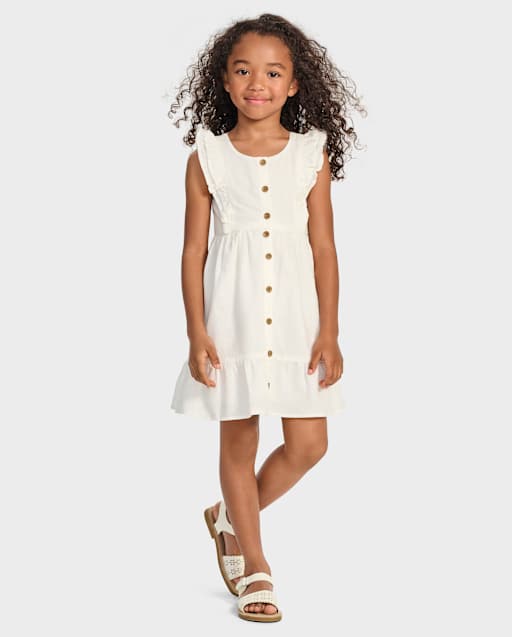 Girls Linen-Blend Ruffle Tiered Dress