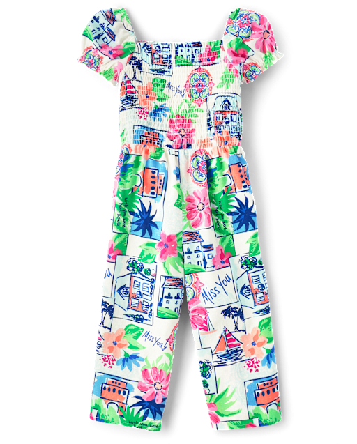 Girls Mommy And Me Vacation Linen-Blend Smocked Jumpsuit - Italian Riviera