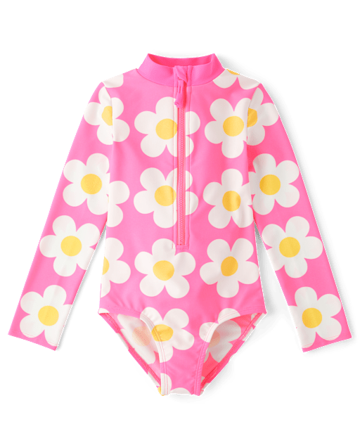 Girls Floral Rashguard One Piece Swimsuit - Swim