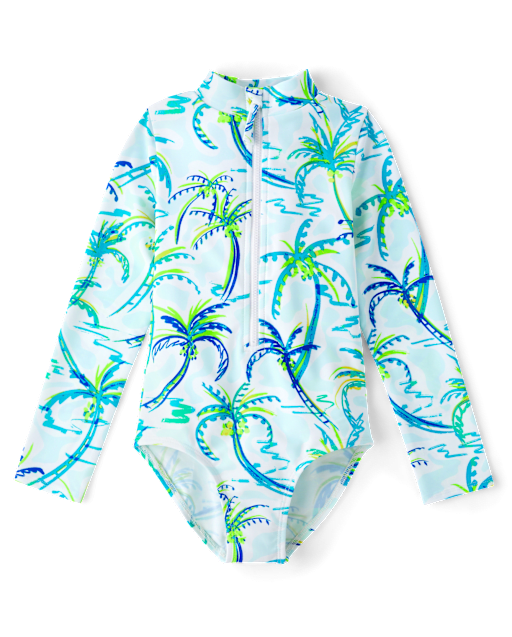 Girls Palm Tree Rashguard One Piece Swimsuit - Swim