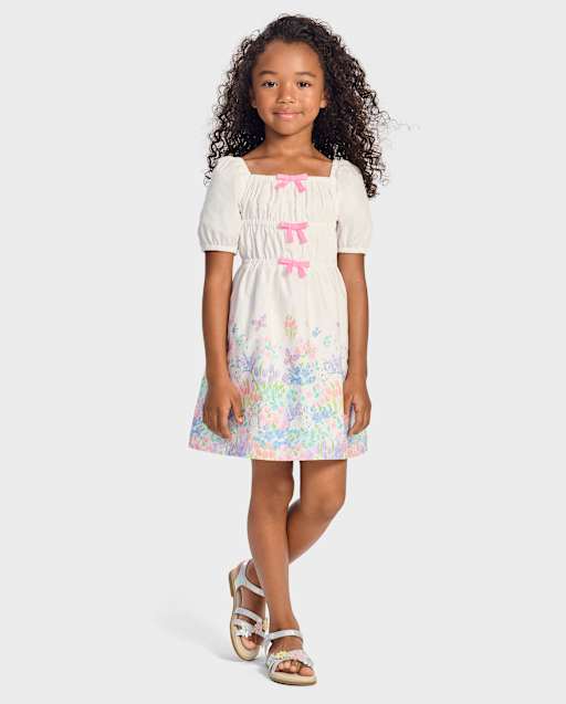 Girls Floral Bunny Bow Dress - Garden Party