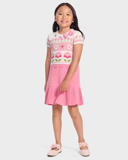 Girls Floral Fairisle Peplum Sweater Dress - Blushing Blooms