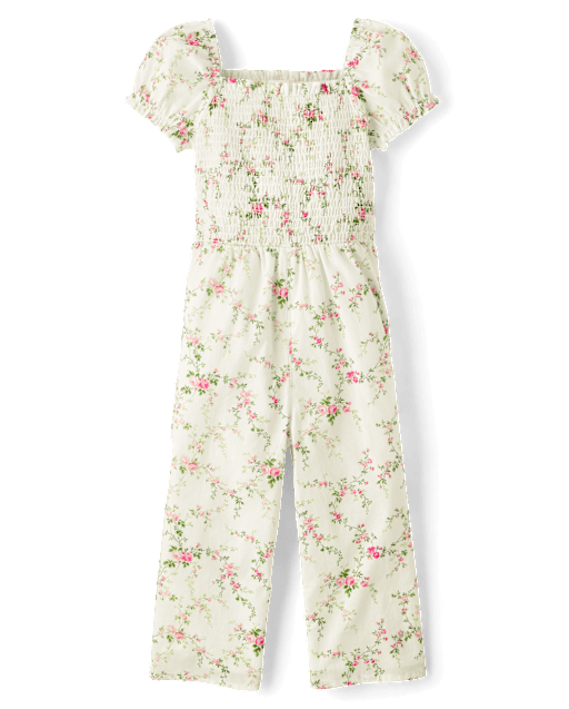 Girls Floral Smocked Jumpsuit - Blushing Blooms