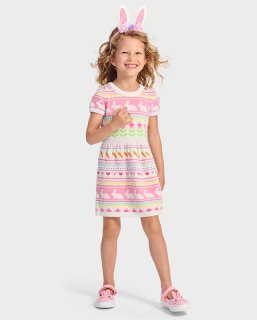 Girls Bunny Fairisle Sweater Dress - Garden Party