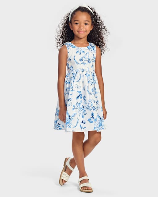 Girls Mommy And Me Floral Bird Bow Fit And Flare Dress - Blue Belle