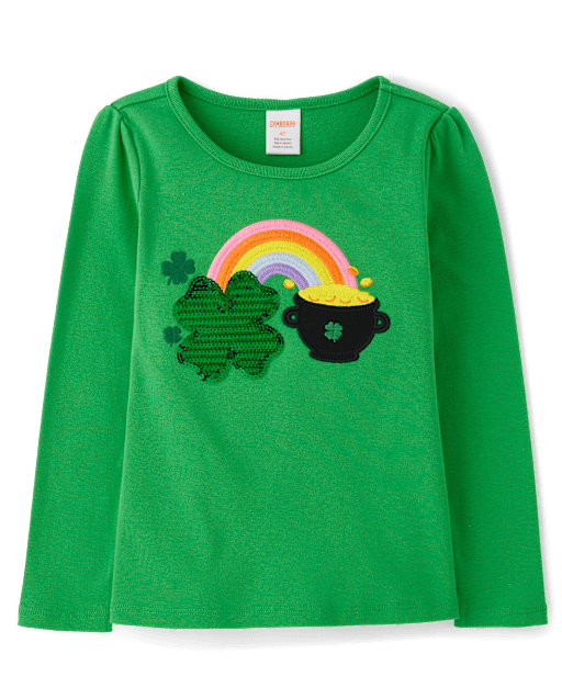 Girls Rainbow Sequin Shamrock Top - Little Leprechaun