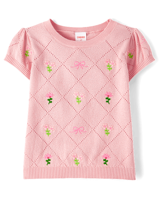 Girls Embroidered Floral Pointelle Sweater - Blushing Blooms