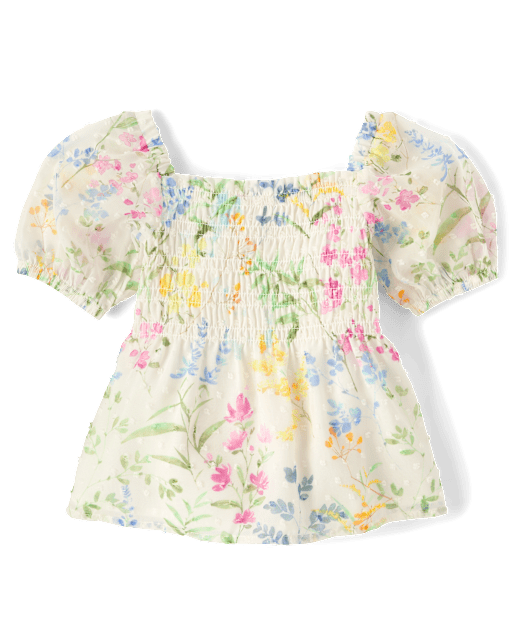 Girls Floral Smocked Ruffle Top - Garden Party