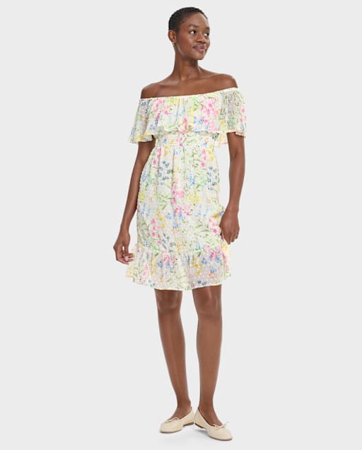 Womens Sleeveless Mommy And Me Floral Ruffle Off Shoulder Dress - Garden Party