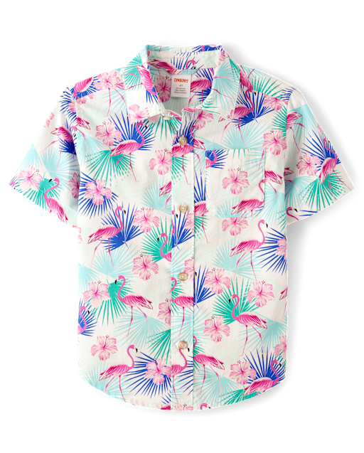 Boys Flamingo Poplin Button Up Shirt - Swim