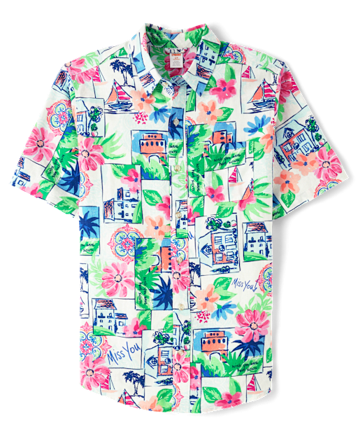 Mens Dad And Me Vacation Linen-Blend Button Up Shirt - Italian Riviera