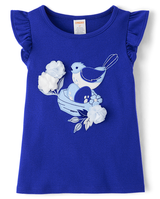 Girls Embroidered Bird Flutter Top - Blue Belle