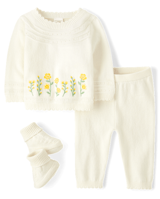 Baby Girls Embroidered Floral Sweater 3-Piece Set