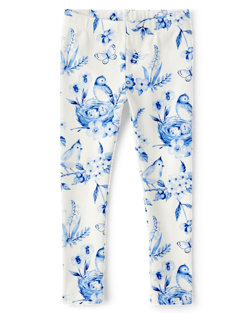 Girls Floral Bird Leggings - Blue Belle
