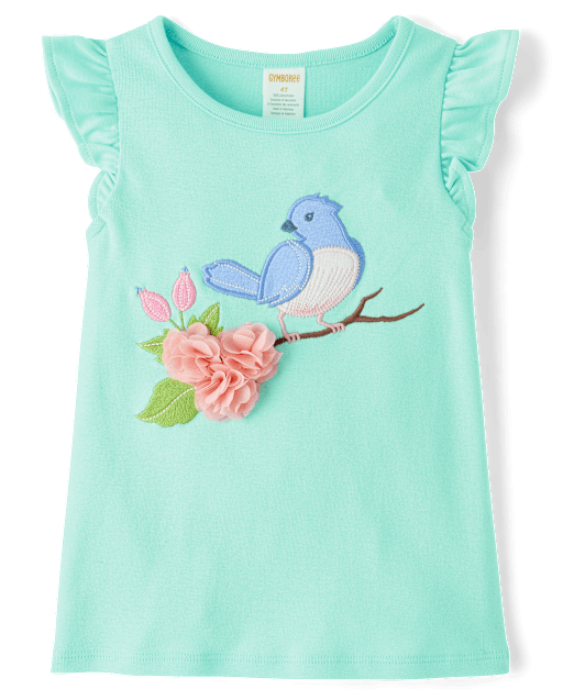Girls Embroidered Bird Flutter Top - Spring Celebrations