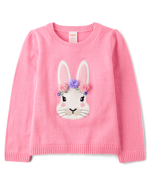 Girls Embroidered Floral Bunny Sweater - Garden Party
