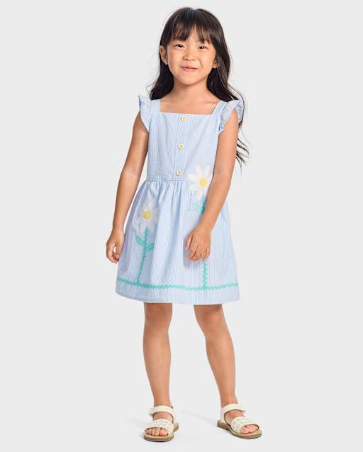 Girls Floral Applique Seersucker Fit And Flare Dress - Garden Party