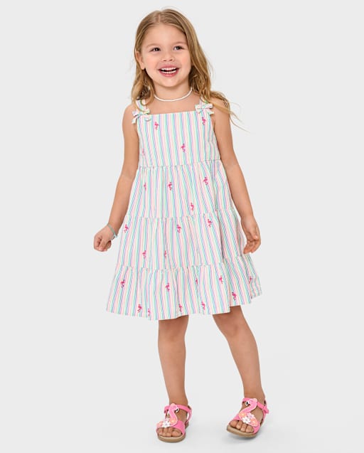Girls Embroidered Flamingo Seersucker Tiered Dress - Seaside Palms