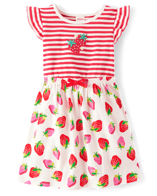 Girls Embroidered Strawberry Flutter Dress - Little Essentials