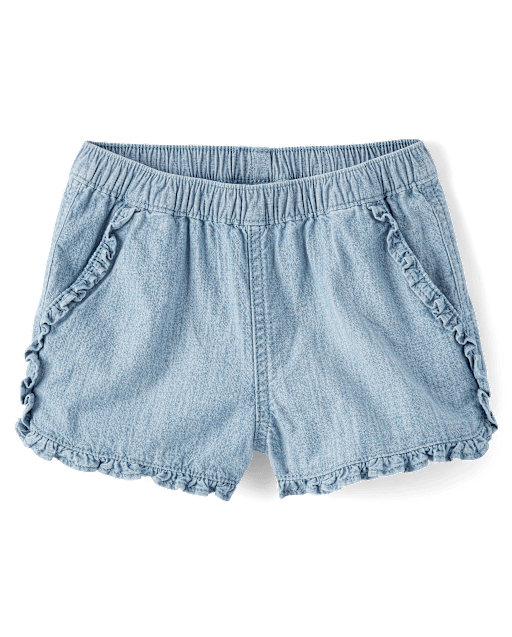 Girls Chambray Ruffle Pull On Shorts - Little Essentials