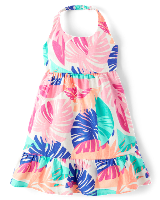 Girls Palm Linen-Blend Halter Dress - Seaside Palms - view 2