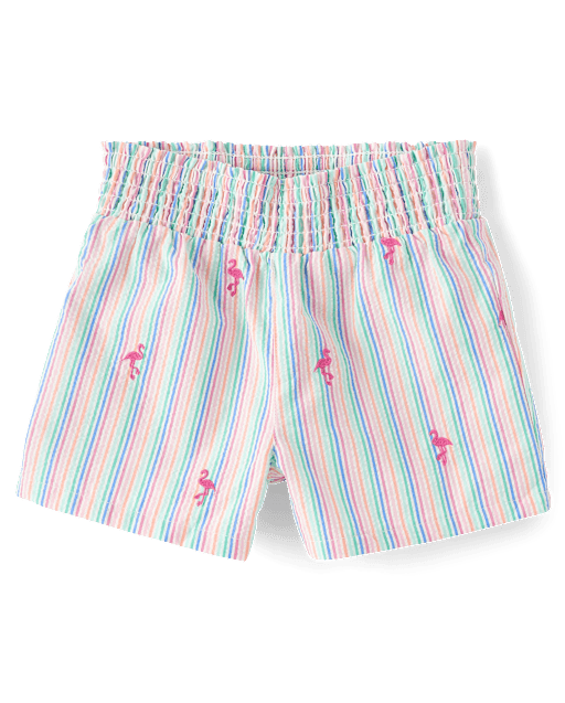 Girls Embroidered Flamingo Seersucker Pull On Shorts - Seaside Palms
