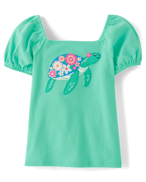 Girls Embroidered Turtle Top - Seaside Palms