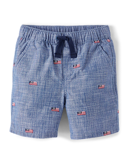 Boys Embroidered Flag Chambray Pull On Shorts - American Cutie
