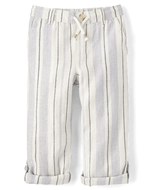 Kids Striped Roll Cuff Linen-Blend Pull On Pants