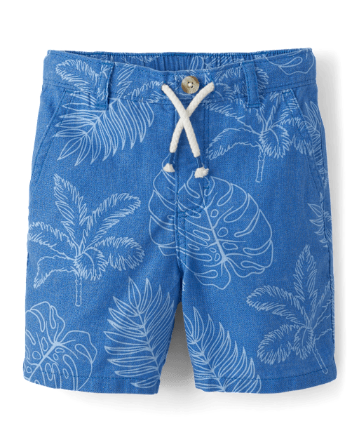 Kids Tropical Leaf Linen-Blend Pull-On Shorts