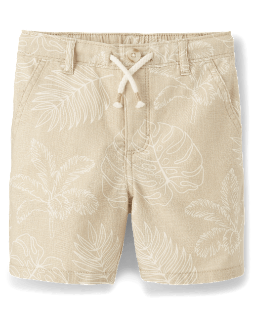Kids Tropical Leaf Linen-Blend Pull-On Shorts