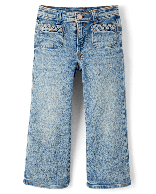Girls Braided Patch Pocket Wide Leg Jeans - Little Essentials