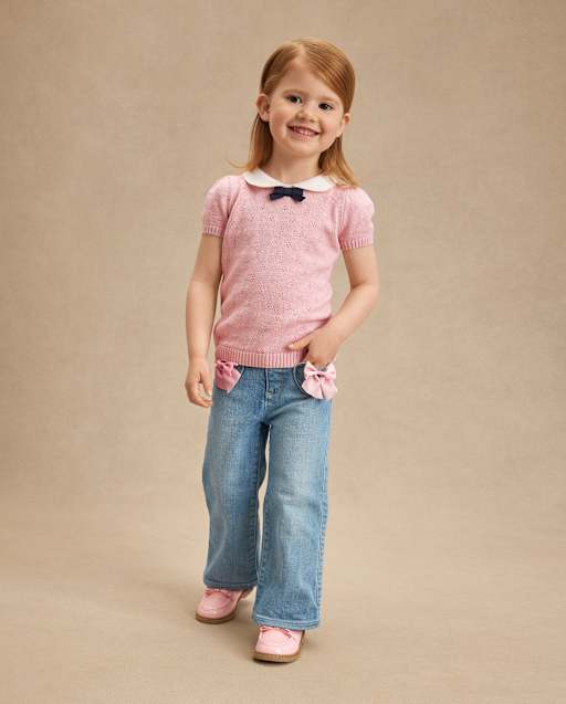 Girls Bow Patch Pocket Wide Leg Jeans - Campus Cuties