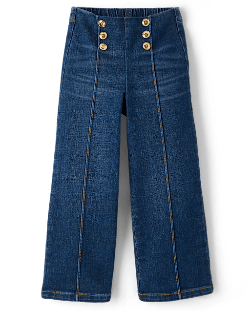 Girls Button High Rise Wide Leg Jeans - Little Essentials