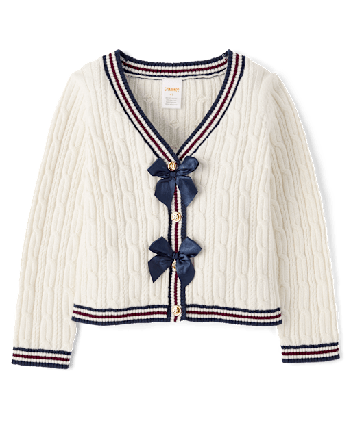 Girls Cable Knit Bow Cardigan - Campus Cuties