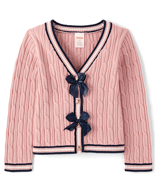 Girls Cable Knit Bow Cardigan - Campus Cuties