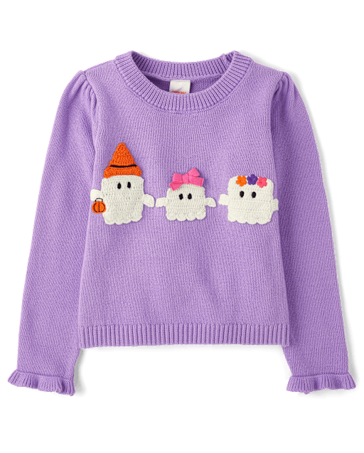 Girls Crochet Ghost Ruffle Sweater - Halloween