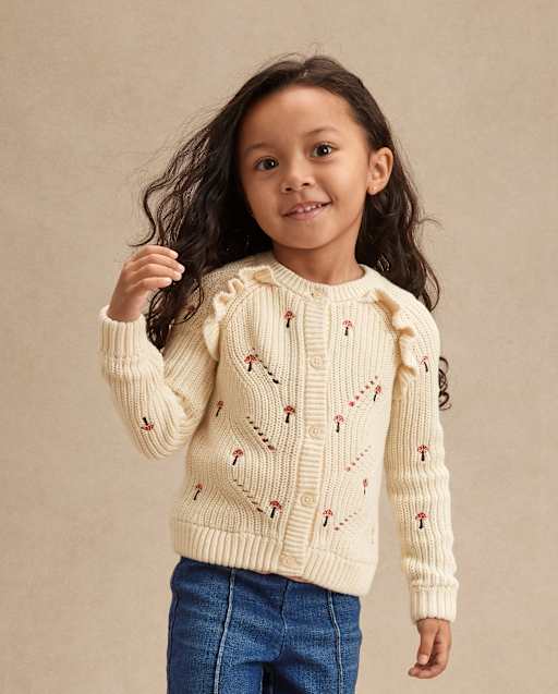 Girls Embroidered Mushroom Ruffle Cardigan - Fall Celebrations