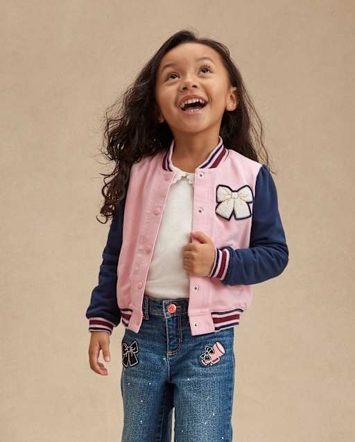 Girls Embroidered Bow Varsity Jacket - Campus Cuties