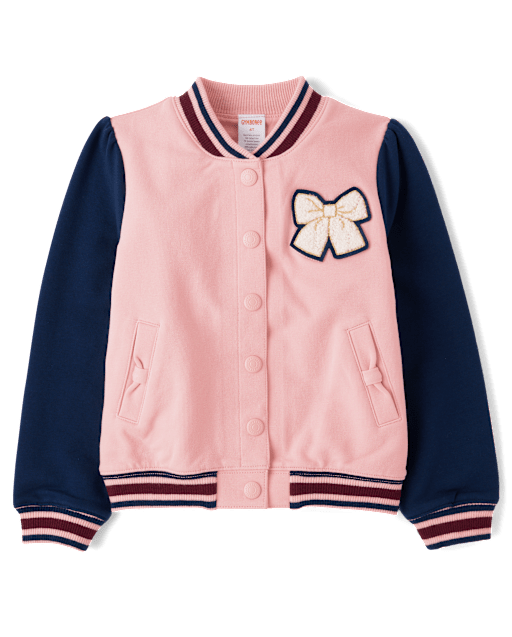 Girls Embroidered Bow Varsity Jacket - Campus Cuties