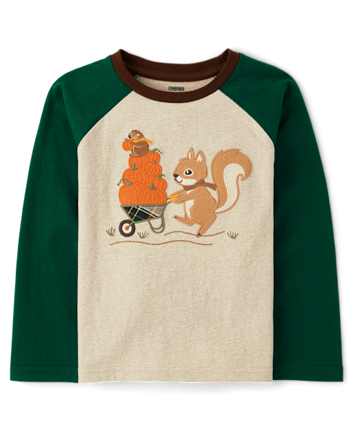 Boys Embroidered Squirrel Raglan Top - Fall Celebrations