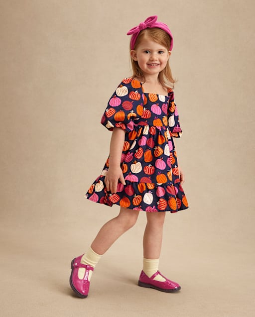Girls Pumpkin Flannel Ruffle Dress - Fall Celebrations